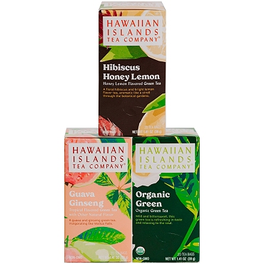 3 boxes of tropical green tea varieties. One organic green tea, one guava ginseng tea, one hibiscus honey tea.