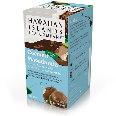 angle view of Box containing twenty bags of Coconut Macadamia Rooibos Tea